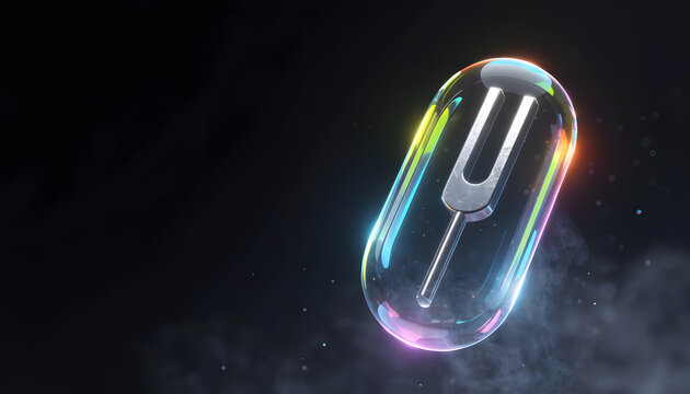 Metallic tuning fork enclosed inside floating glass capsule. Sound frequency therapy and acoustic resonance technology. Musical instrument vibrating inside clear capsule surrounded by light spectrum
