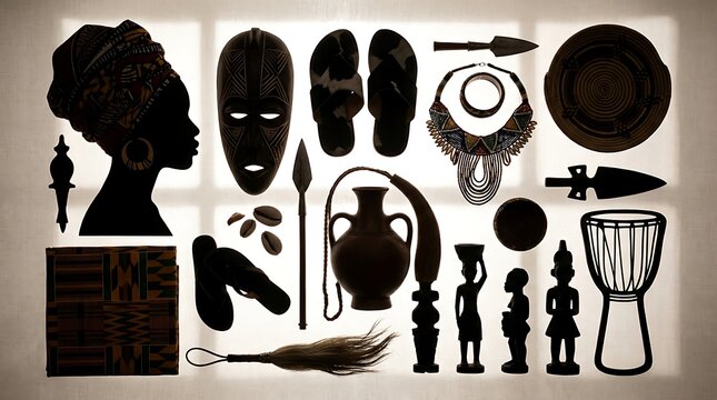 Silhouettes of traditional african cultural artifacts and symbols