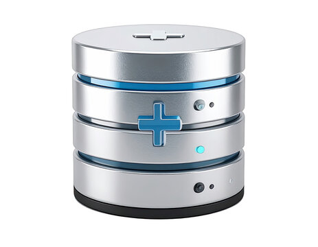 A metallic 3D render of a cylindrical object with stacked disks, featuring blue accents and plus symbols.