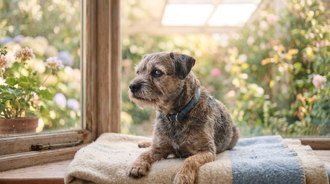 Cute small scruffy terrier dog sitting on a soft cushion by a sunny garden window