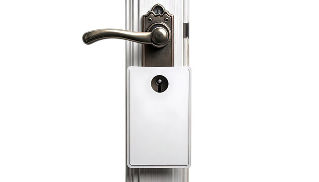 A blank white door hanger hangs on a brass doorknob with a keyhole cutout.