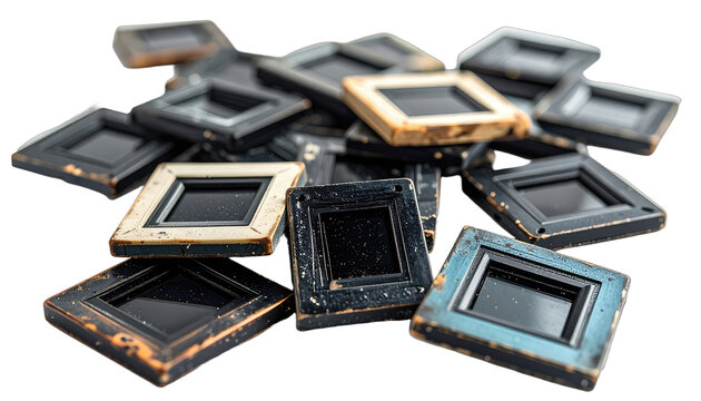 A collection of vintage slide mounts scattered on a black surface.