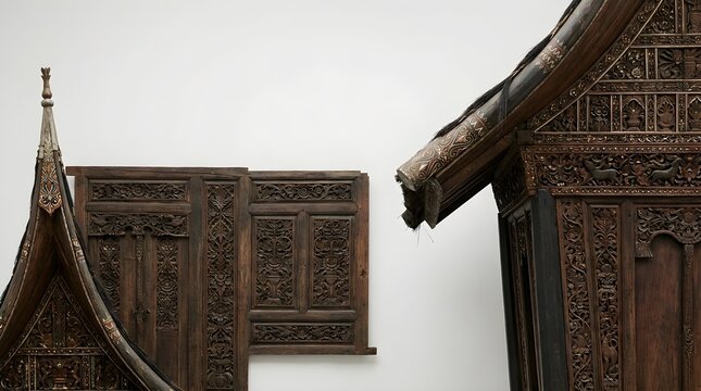 Ornate Indonesian heritage featuring hand-carved wooden panels and traditional pointed roof design