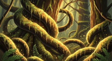 Fototapeta premium Ancient, moss-covered trees with glowing vines and sunbeams in a vibrant fantasy forest