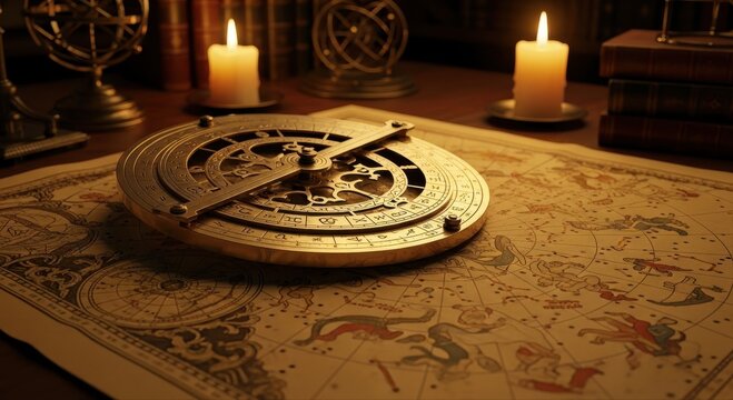 Antique brass astrolabe resting on an old parchment map with glowing candles and a celestial globe