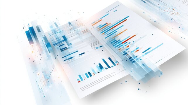 Financial reports and charts displaying data with abstract digital elements, suggesting business analysis and growth