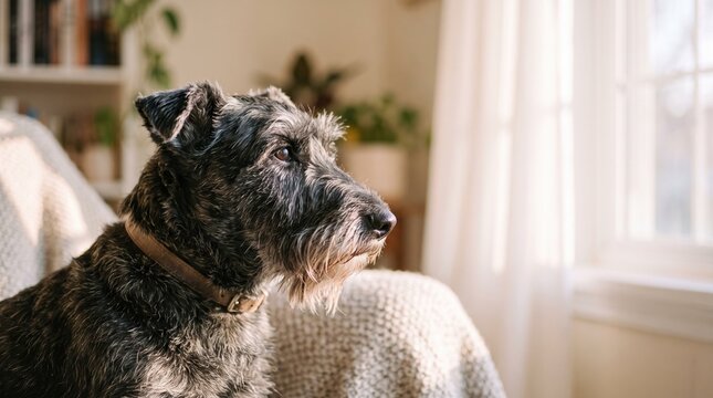 Cute black schnauzer dog sitting on a couch in a cozy home living room setting