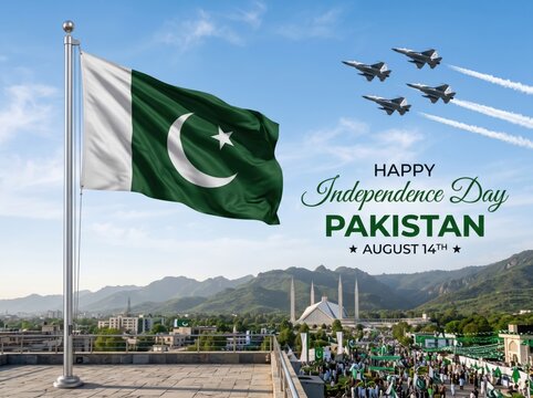 Waving flag of pakistan on a metal pole with four fighter jets flying in formation leaving white smoke trails over a cityscape with the faisal mosque and text celebrating august 14 independence day