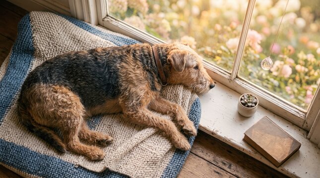 Cute airedale terrier dog resting on a cozy blanket by the sunny window at home