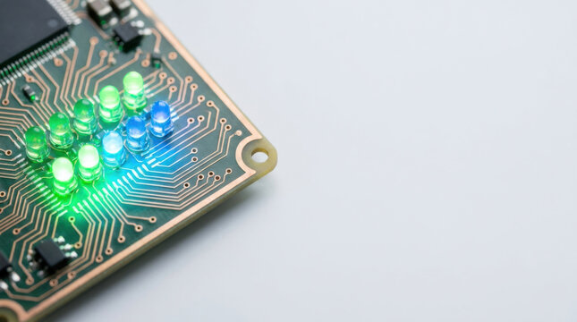 Circuit board with glowing green and blue LED lights showing electronic connections and technology concept