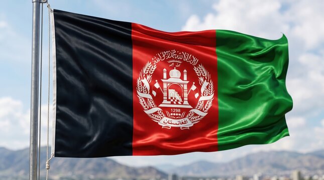 Waving national flag of afghanistan with black red and green vertical stripes and a white central emblem featuring a mosque and wheat sheaves attached to a metal pole against a cloudy blue sky