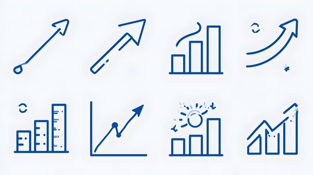 Progress growth icon set in outline style. Collection of progress, growth, increase, chart, graph, business development, and success. Editable stroke. Vector icon collection. Stock Vector