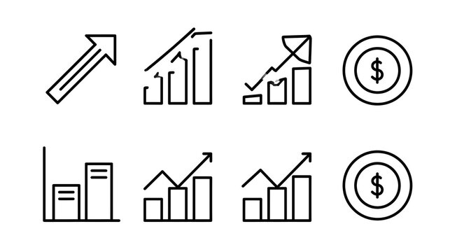 Progress growth icon set in outline style. Collection of progress, growth, increase, chart, graph, business development, and success. Editable stroke. Vector icon collection. Stock Vector