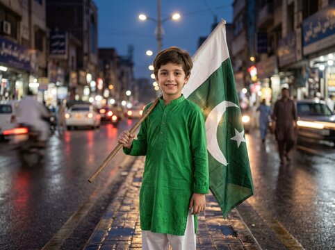 Young boy wearing a green kurta holding a pakistan flag standing on a wet city street at dusk with blurred traffic and buildings in the background