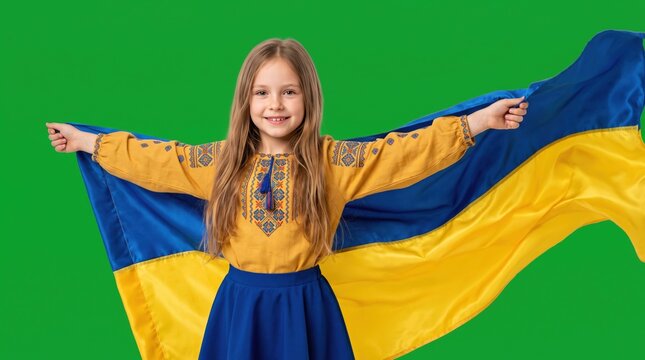 Young girl with long brown hair wearing a yellow embroidered vyshyvanka shirt and blue skirt holding a large ukrainian flag spread wide against a solid green background