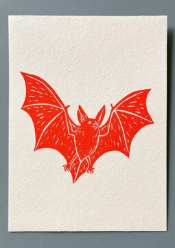 Flying bat with spread wings in a red linocut print on textured offwhite paper with vintage card design