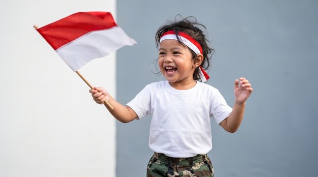 Young child smiling and waving a small indonesian flag while wearing a red and white headband and a plain white t shirt against a split white and grey wall background