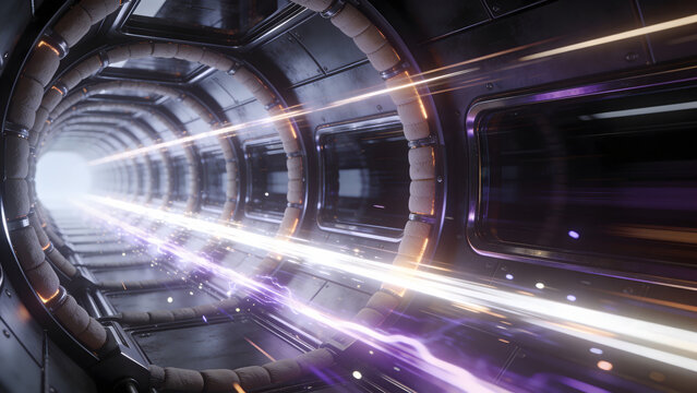 A futuristic hyperloop tube with high speed light trails and glowing energy streaks suitable for advanced transportation concepts science fiction backgrounds and quantum speed technology design