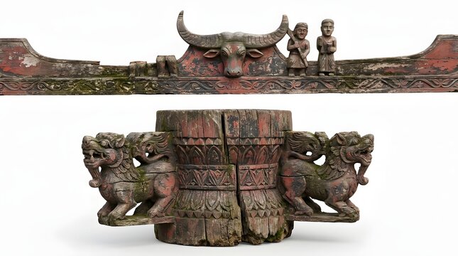 Indonesian heritage wooden carved pillar and beam from a traditional Batak house architectural detail