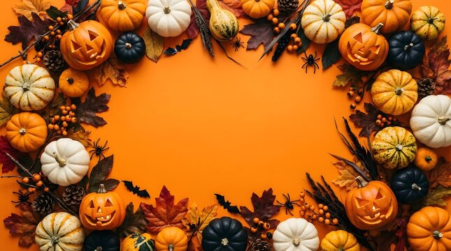 A vibrant halloween display featuring a beautiful arrangement of pumpkins and autumn leaves perfect for seasonal celebrations