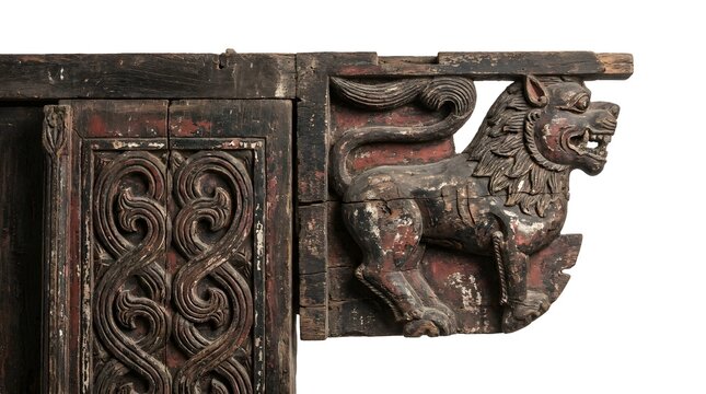 Intricate traditional Batak house carved wooden ornament with symbolic lion figure, Indonesian heritage