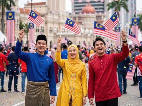 Young malaysian adults in traditional clothing waving national flags during a public celebration in front of the sultan abdul samad building in kuala lumpur with a blurred crowd in the background
