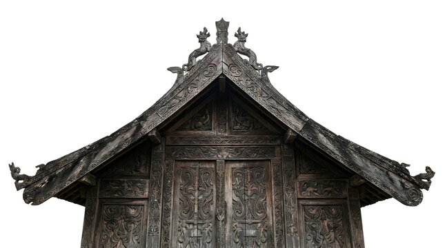 Traditional Indonesian heritage wooden carvings on a Batak house facade with intricate Gorga motifs