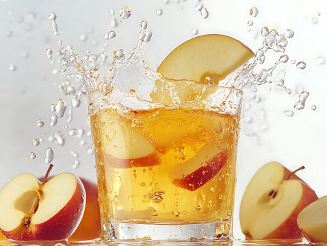 Refreshing apple juice splash with fresh apple slices on a clean background.