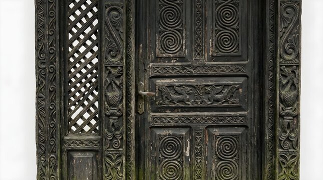 Detailed traditional Indonesian heritage hand-carved wooden door with Gorga motifs of Batak house