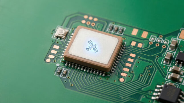 Satellite module on circuit board with electronic components close up view