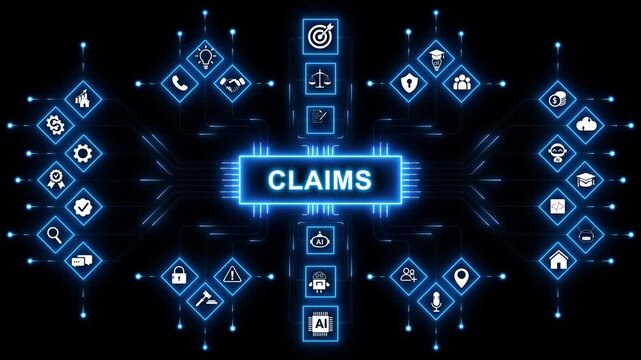 Abstract Insurance claims network animation with glowing data connections and technology icons, digital claims processing . with neon toolbox any item use for animation