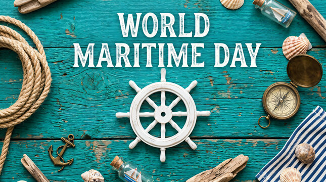 World maritime day concept with steering wheel on wooden background, maritime