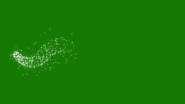 Smooth glowing white particle line trail, magical fairy dust sparkle animation, twinkling star light streak, shimmering doodle stars burst, fantasy transition effect on green screen overlay. 4k