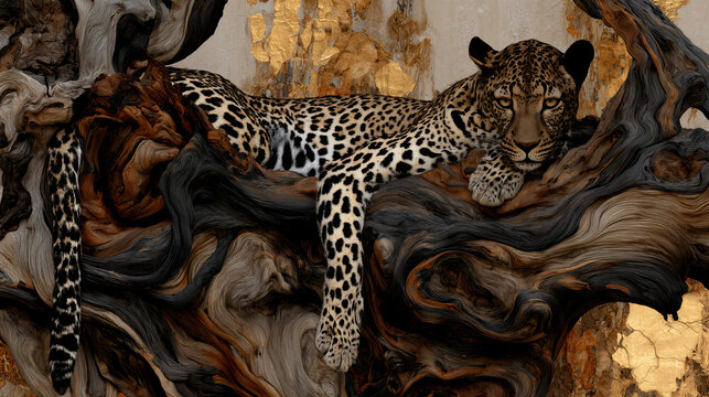 Artistic illustration of calm african leopard resting on golden tree branch, majestic wildcat looking watchful with intense warm eyes