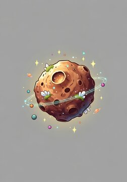 Cartoon Stylized Asteroid with Crystals and Glowing Rings Illustration