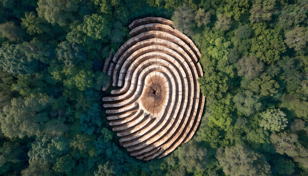 Carved wooden fingerprint structure surrounded by dense jungle trees. Environmental footprint and identity. Aerial top down view of forest ecosystem