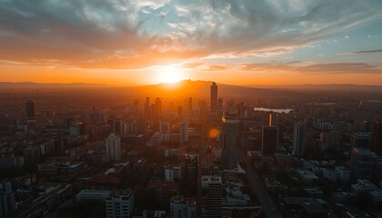 Fototapeta premium Aerial view of city skyline during golden sunset