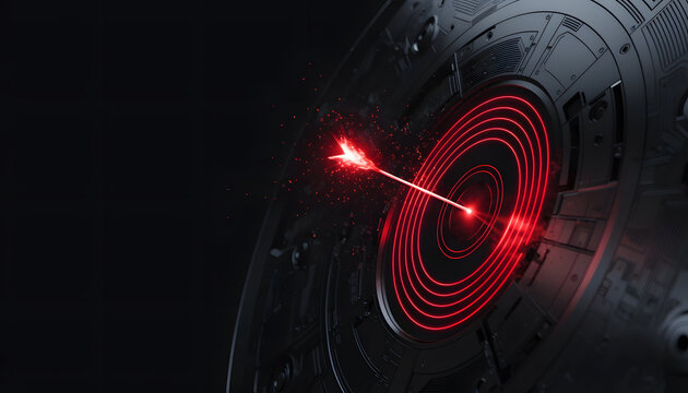 Laser arrow hitting the center of a glowing red futuristic target. Precision accuracy and technological target. Energy beam striking high tech radar board