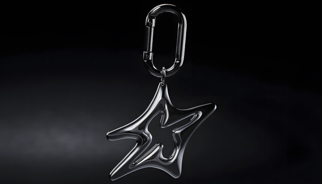 Liquid metal star keychain charm on dark background. Y2K fashion accessory and chrome hardware design. Silver star pendant suspended against dark gradient background