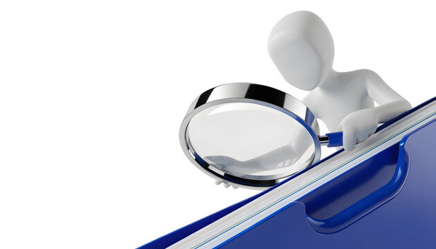 File search and information analysis concept. Data audit and corporate research needs. White mannequin figure holding a magnifying glass over a blue folder