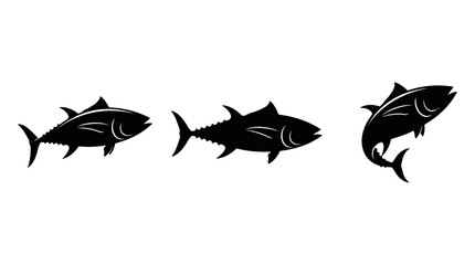 Fototapeta premium Set of Three Tuna Fish Silhouettes Isolated on White Background for Seafood Logo or Fishing Design