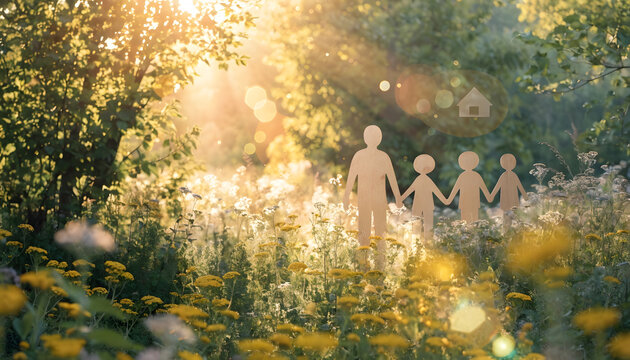 Wooden paper cutout family holding hands in a blooming field. Real estate dream and happy childhood lifestyle. Symbolic wooden family standing among wild yellow flowers