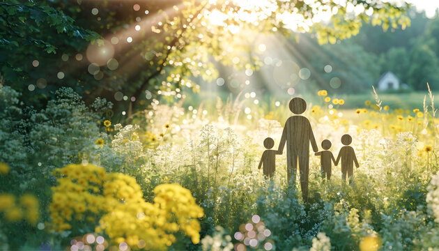 Wooden family cutout figure standing in a sunny wildflower meadow. Family protection and natural insurance concept. Symbolic family figure enjoying nature outdoors