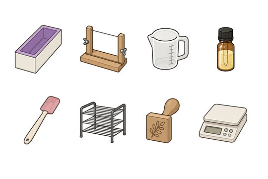 Artisan Soap Making Tools Icon Set | Simple Flat Handmade Soap Craft Equipment Collection.