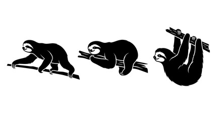 Fototapeta premium Set of Three Sloth Silhouettes in Various Poses Hanging and Climbing on Tree Branches
