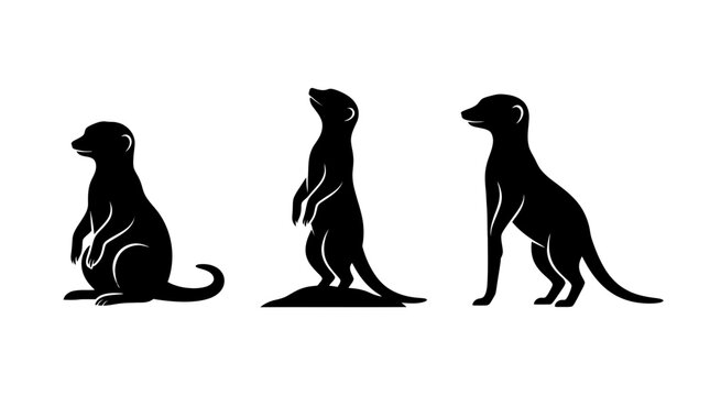 Set of Three Meerkat Silhouettes in Various Alert Poses Standing and Sitting Isolated on White Background