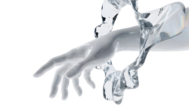 Synthetic wireframe hand passing through fluid liquid ring. Science fiction and digital innovation. Cybernetic hand reaching into liquid environment