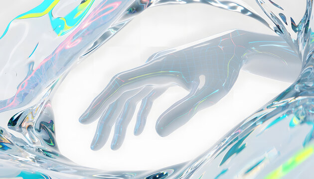 Transparent cyber hand reaching through fluid water frame. Virtual reality and digital art. Modern synthetic hand extending into clear liquid