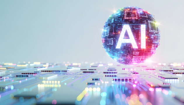 Glowing AI sphere floating above illuminated electronic circuit landscape. Artificial intelligence world network and cloud tech. Digital sphere broadcasting AI text over server floor
