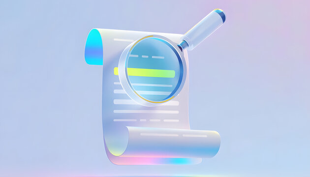 Holographic document with magnifying glass icon. Data search and document review. Magnifying glass zooming in on highlighted text on paper scroll.